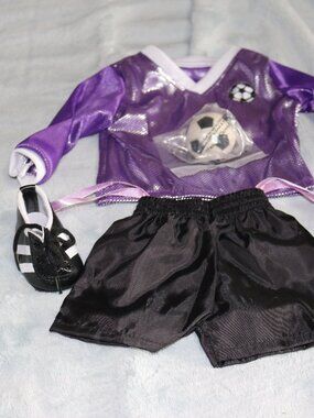 American Girl or 18-inch doll purple and black soccer uniform set, cleats & ball